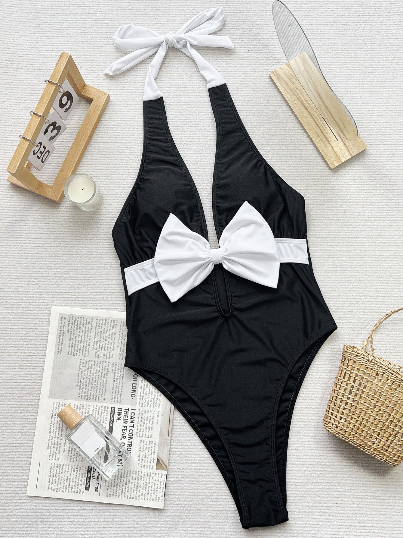 Black and white contrast bow tie one-piece swimsuit