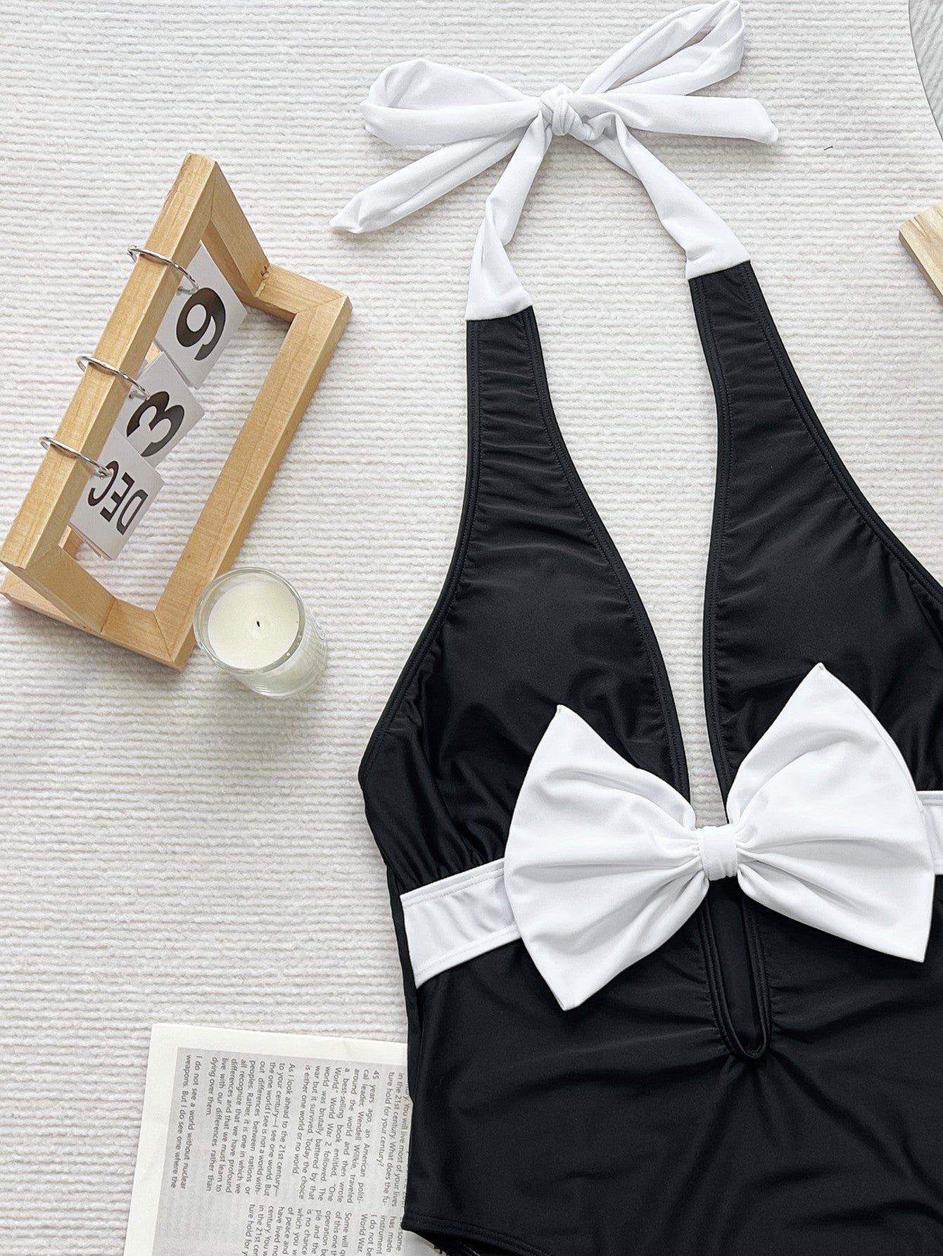 Black and white contrast bow tie one-piece swimsuit
