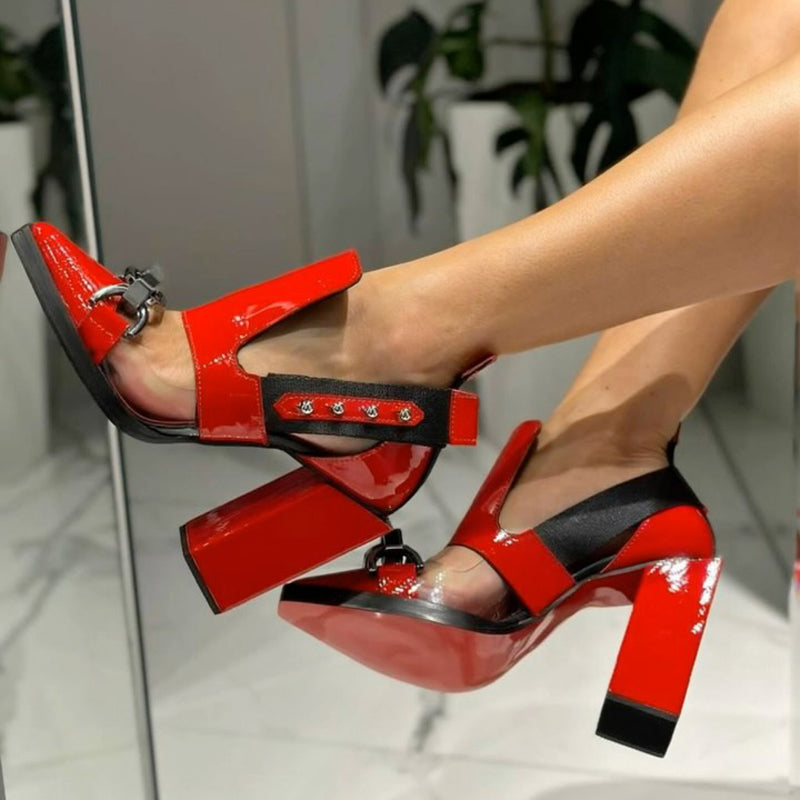 Point-toe Chunky Heel Cut-out Heels