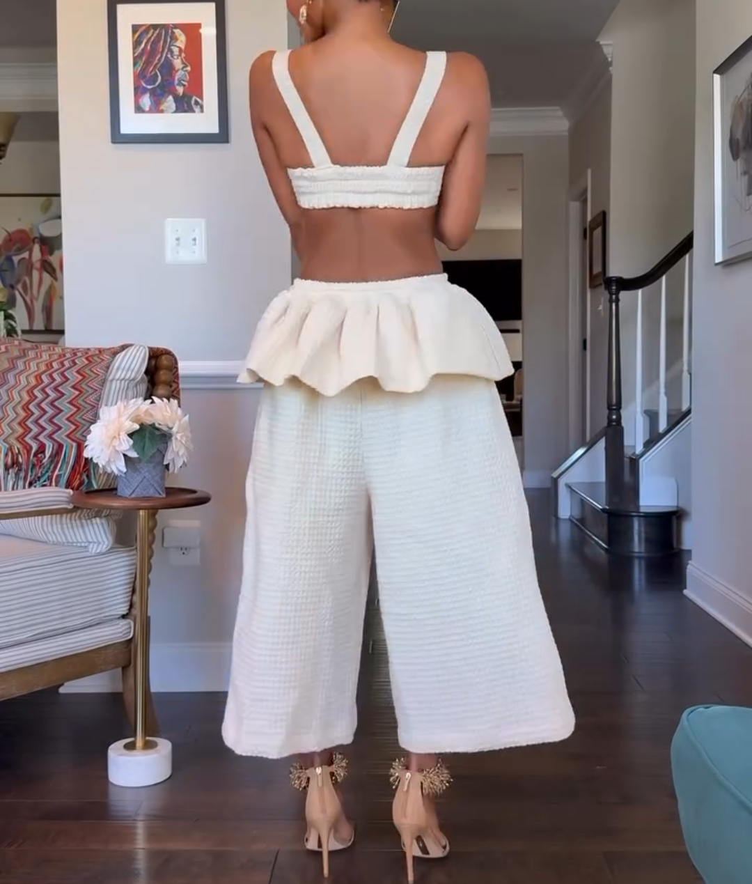 Suspender + ruffled wide-leg two-piece suit
