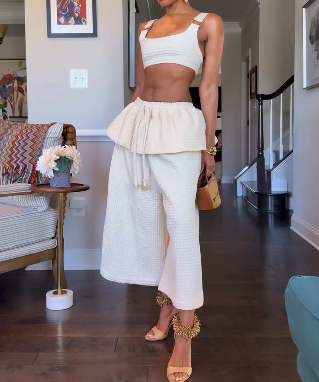 Suspender + ruffled wide-leg two-piece suit