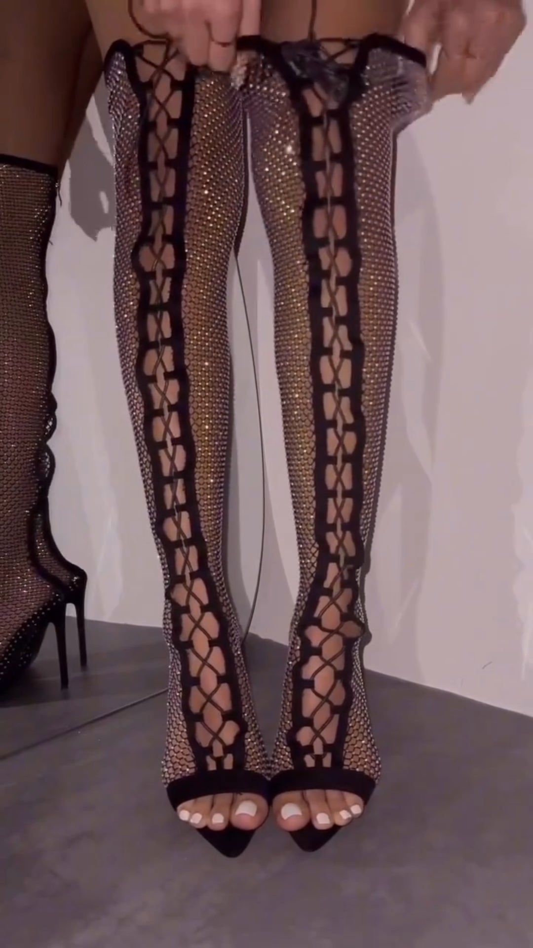 Sexy hollow over-the-knee rhinestone boot