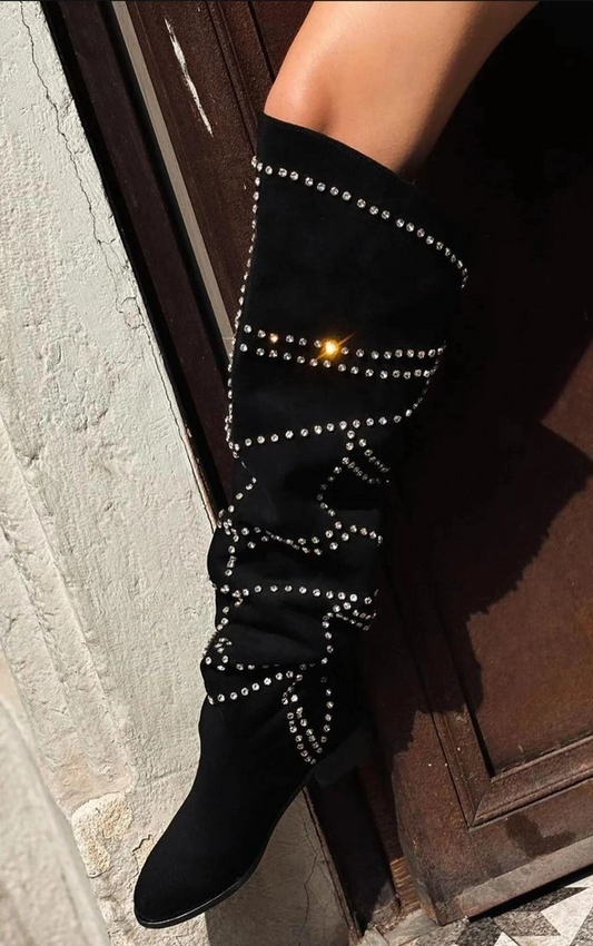 Black suede stone detail boots