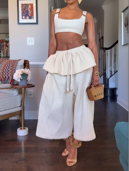 Suspender + ruffled wide-leg two-piece suit