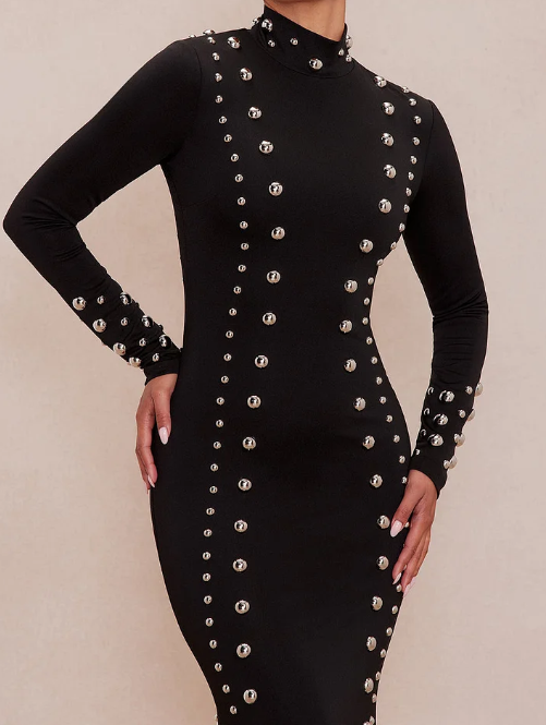 Ladies' elegant standing collar studded fish tail long skirt