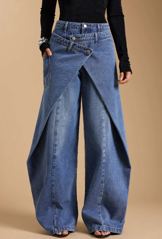 Asymmetrical Denim Jeans with Buttons