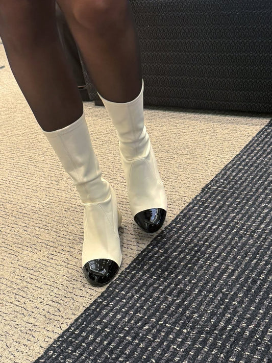 Big pearl chunky heel mid-calf boots