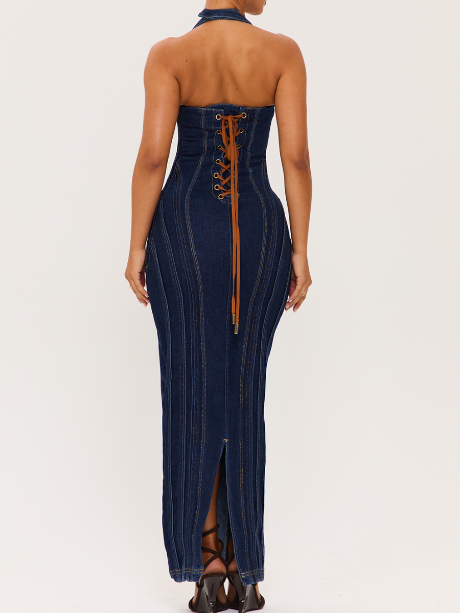 Square-Neck Denim Backless Dress