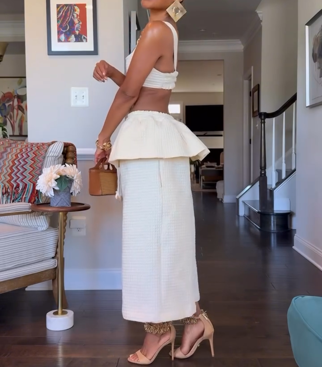 Suspender + ruffled wide-leg two-piece suit