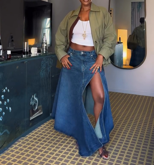Waist-cinching jacket + denim skirt