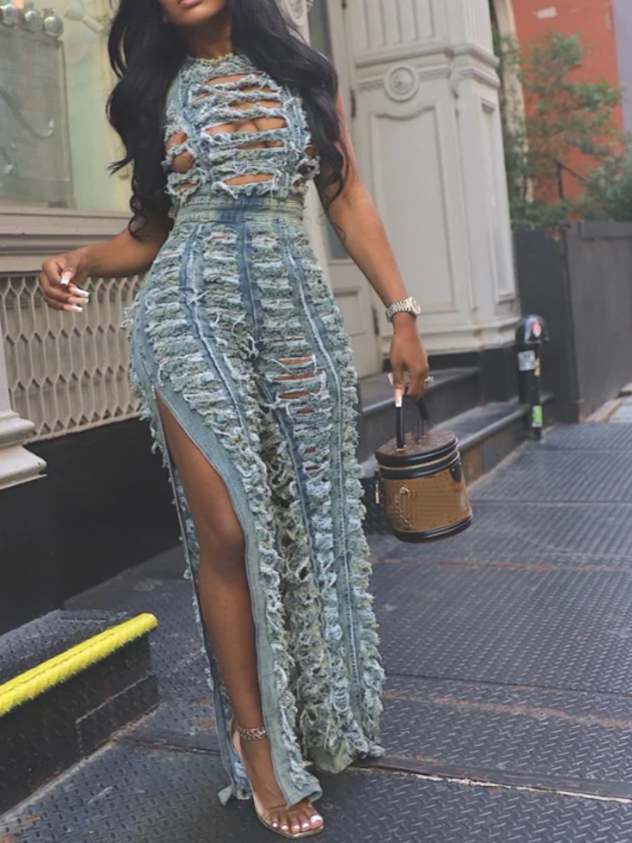 Denim-hole Split Jumpsuit