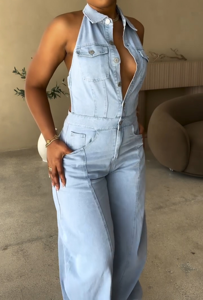 Lapel jeans jumpsuit