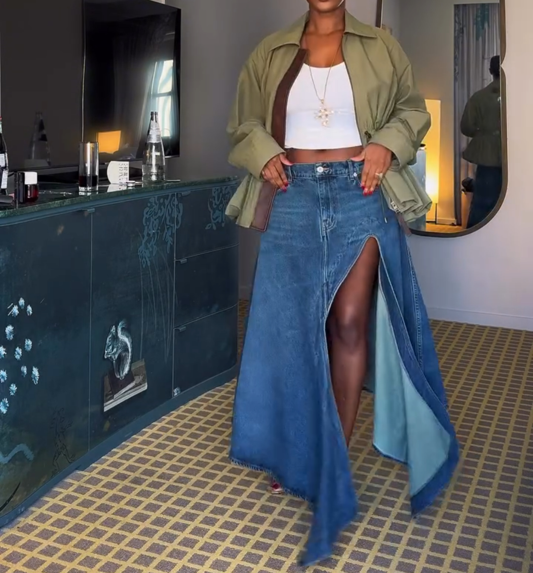 Waist-cinching jacket + denim skirt