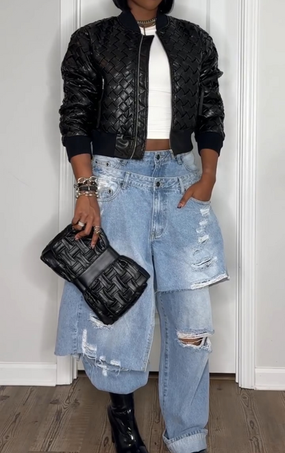 Woven leather jacket + patchwork jeans