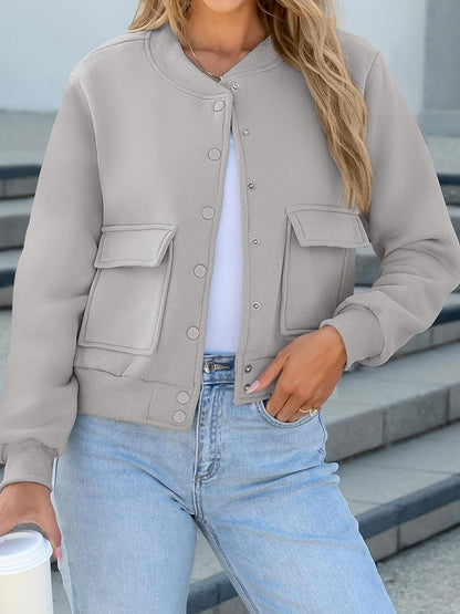Fashion Thread Double Pocket Cropped Bomber Jacket