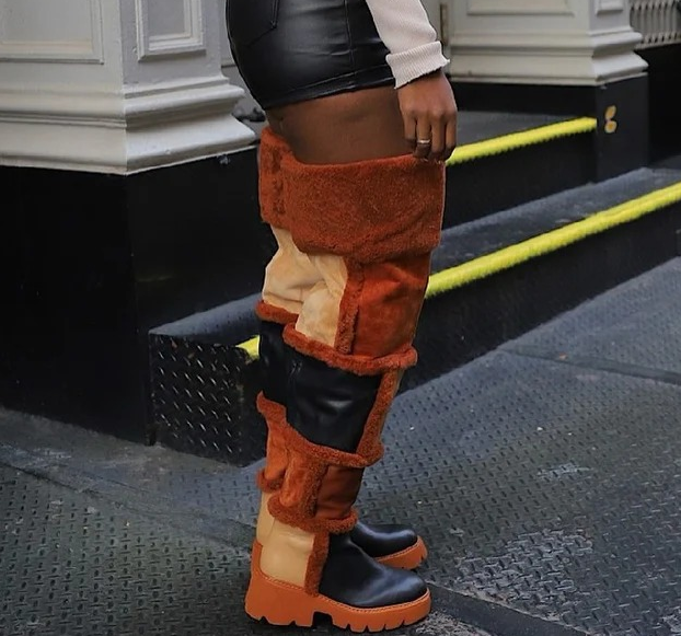 Patchwork knee-high boots
