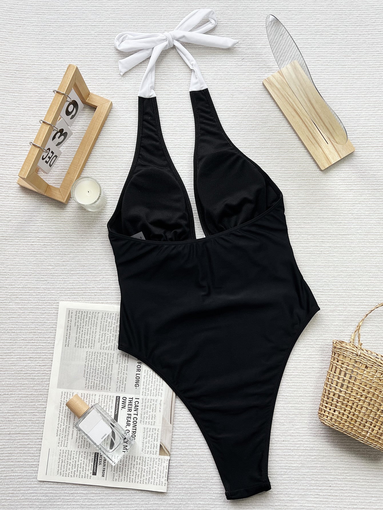 Black and white contrast bow tie one-piece swimsuit