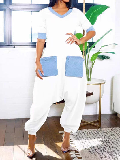 Casual V-Neck Denim Patchwork Loose Jumpsuit