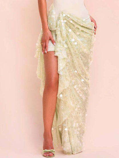 Sequin Draped Mesh Dress