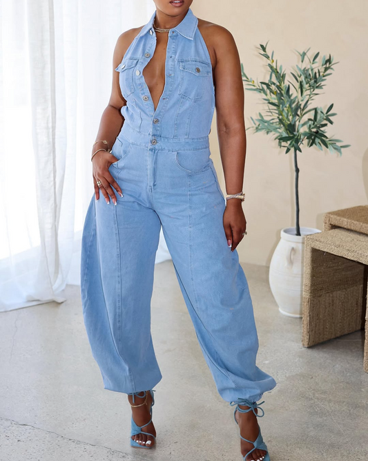Lapel jeans jumpsuit
