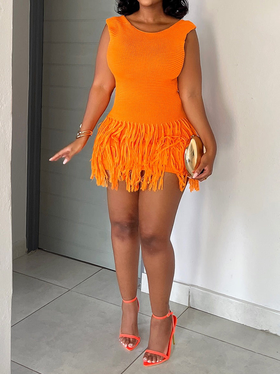 Knitted Tassel Sexy Open Back Dress