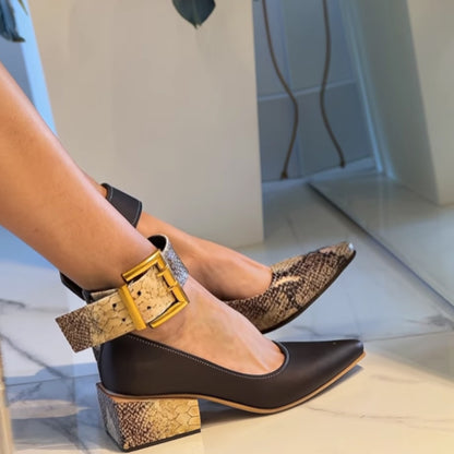 Snake Print Patchwork Point-Heeled Pumps