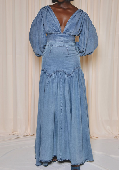 Long-sleeved denim skirt suit