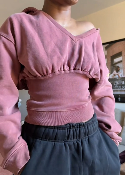 V-neck waisted hooded sweatshirt