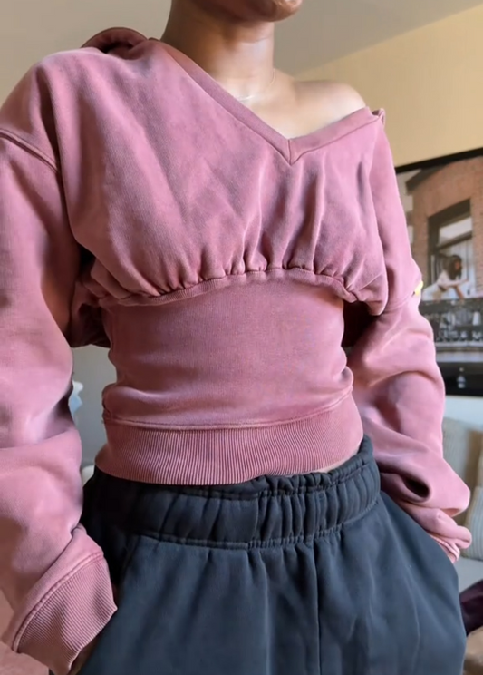 V-neck waisted hooded sweatshirt