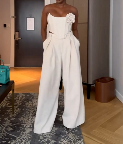 Waist-hugging top + wide-leg pants two-piece set