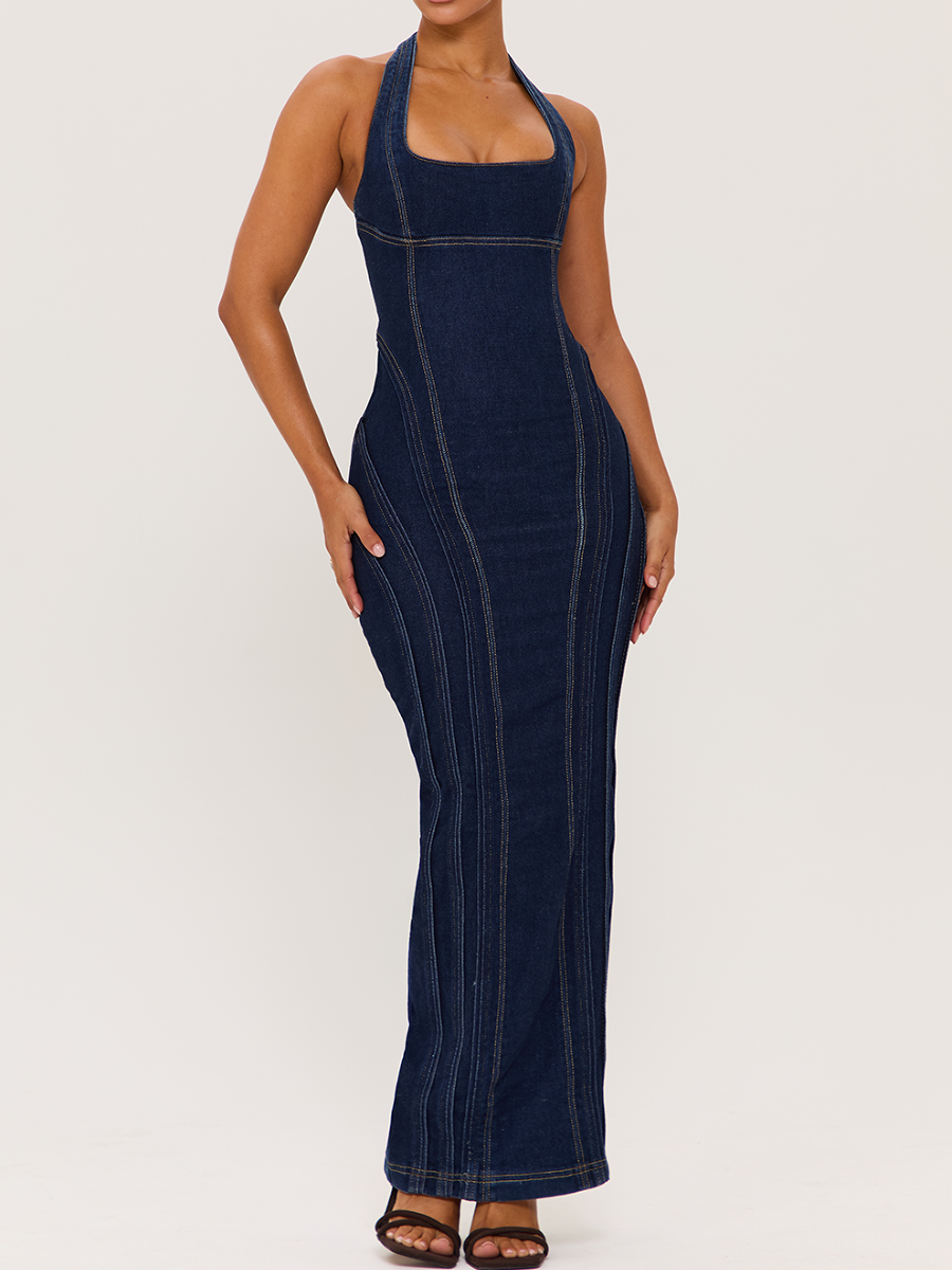 Square-Neck Denim Backless Dress