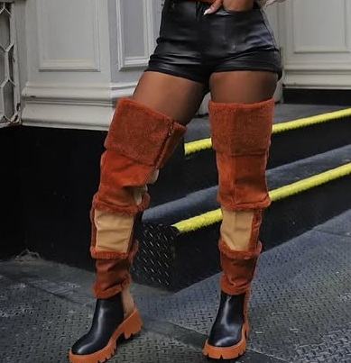Patchwork knee-high boots