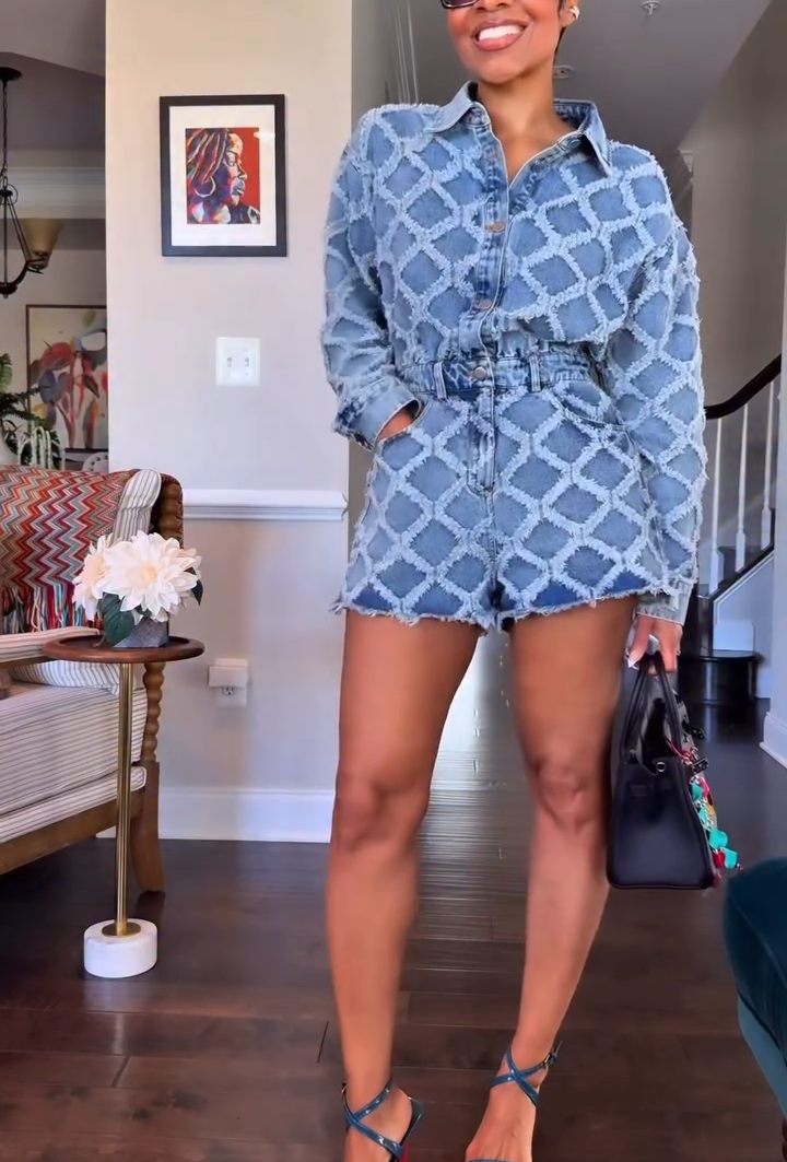 Diamond Fringed Crochet Denim Romper