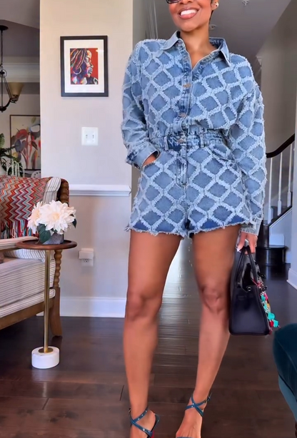 Diamond Fringed Crochet Denim Romper