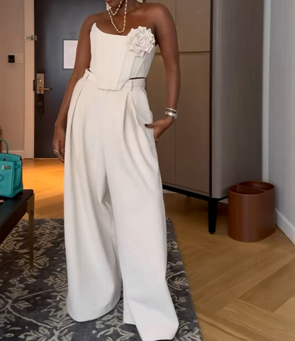 Waist-hugging top + wide-leg pants two-piece set