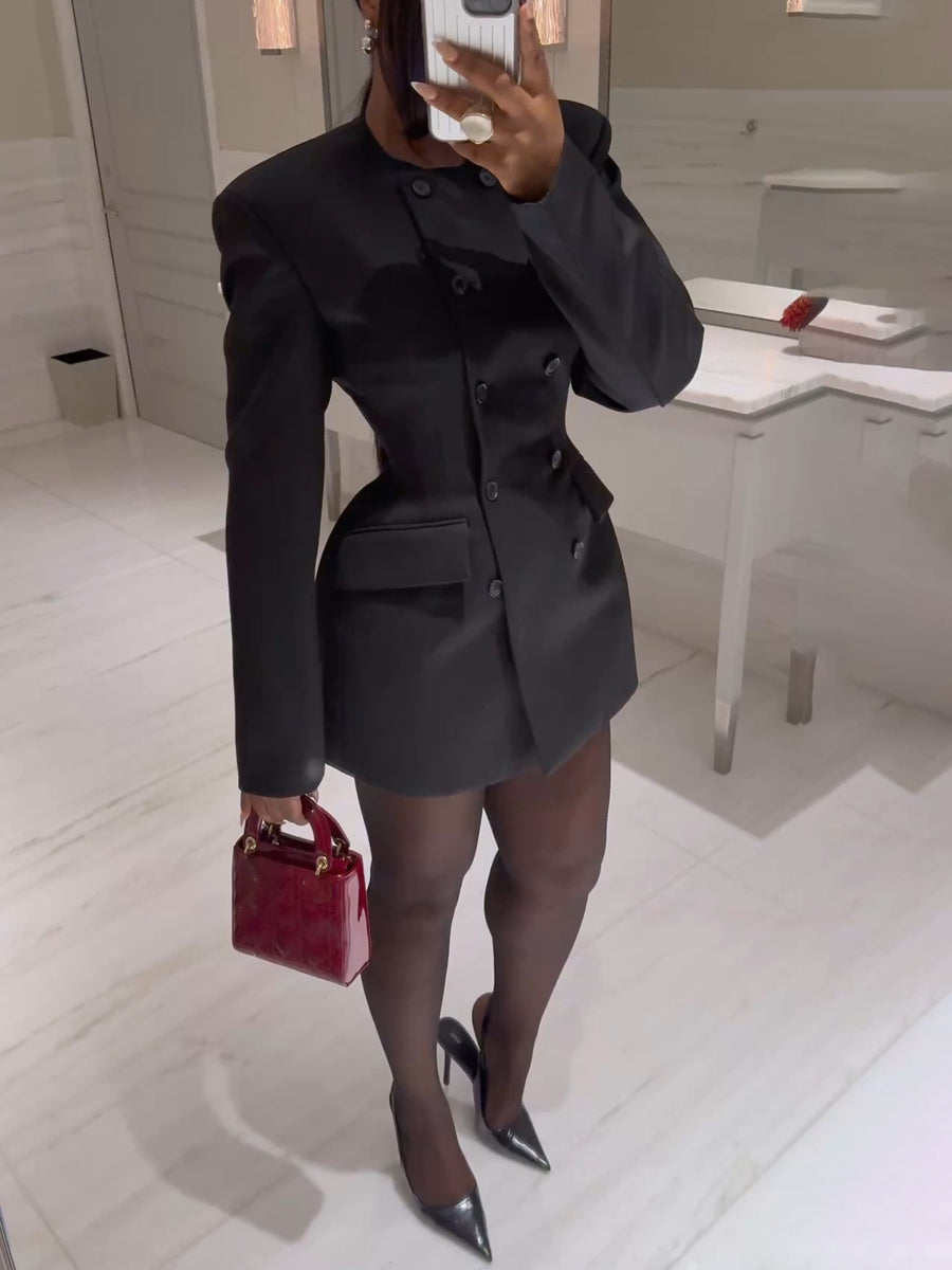 Elegant Round Neck Double-breasted Blazer Dress