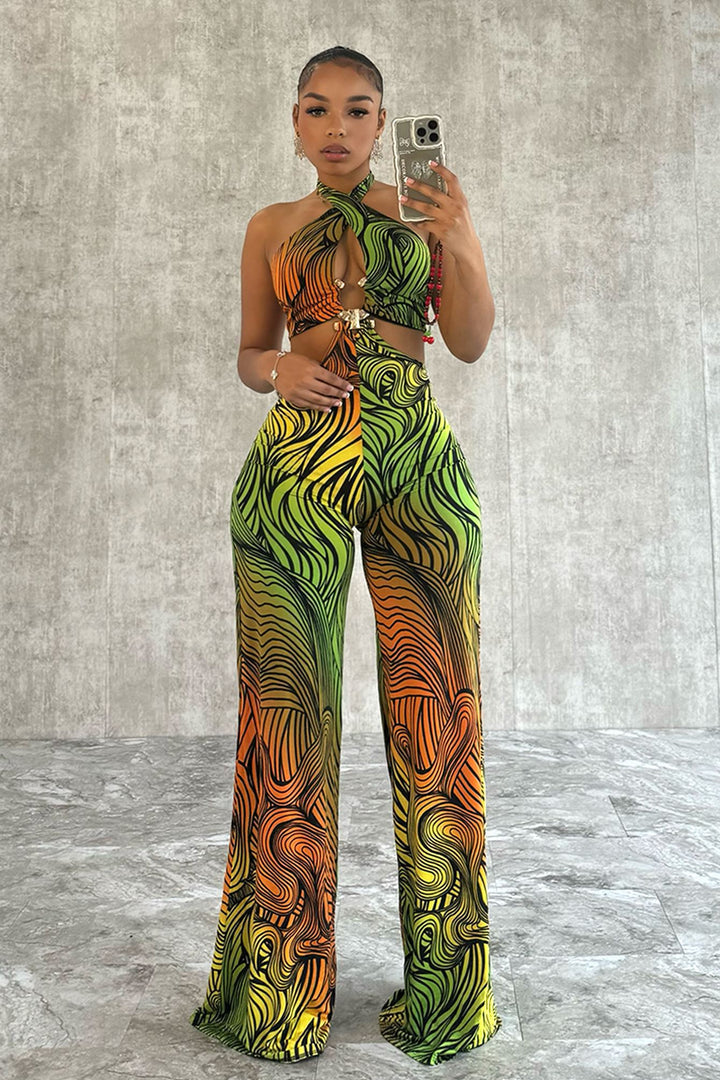 Metal Trim Print Halter Jumpsuit
