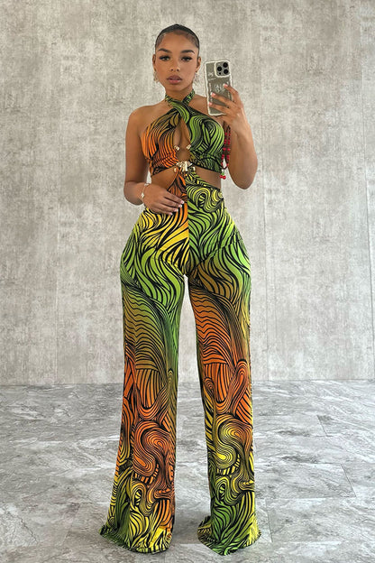 Metal Trim Print Halter Jumpsuit