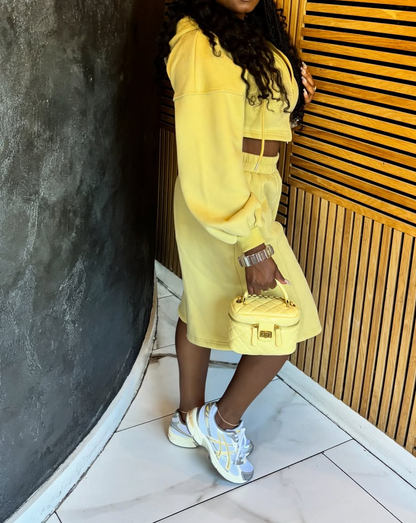 Chic Yellow Crop Hoodie & Bermuda Shorts Set
