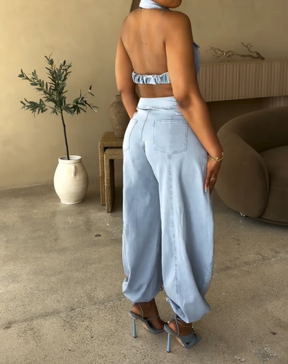 Lapel jeans jumpsuit