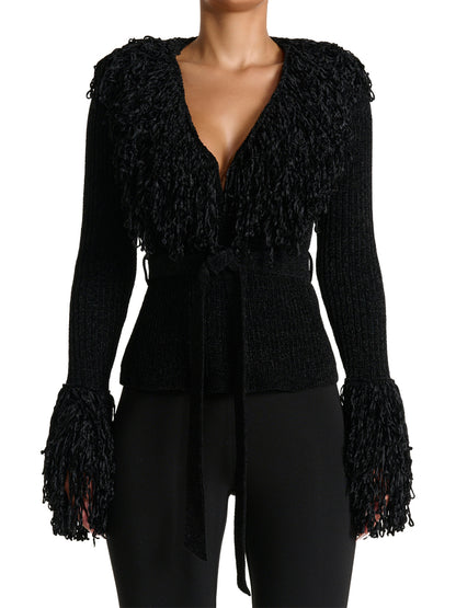 Fringe Tie Waist Deep V Neck Cardigan