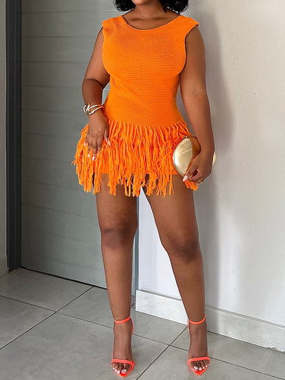 Knitted Tassel Sexy Open Back Dress