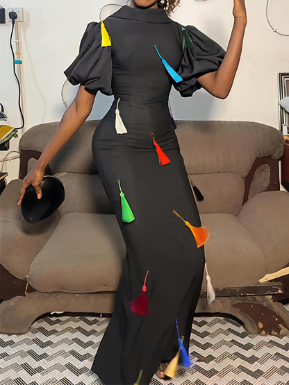Fringed Short Puff Sleeve Elegant Maxi Dress