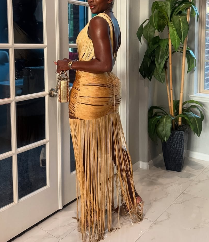 Gold Frinae Drane Maxi Dress