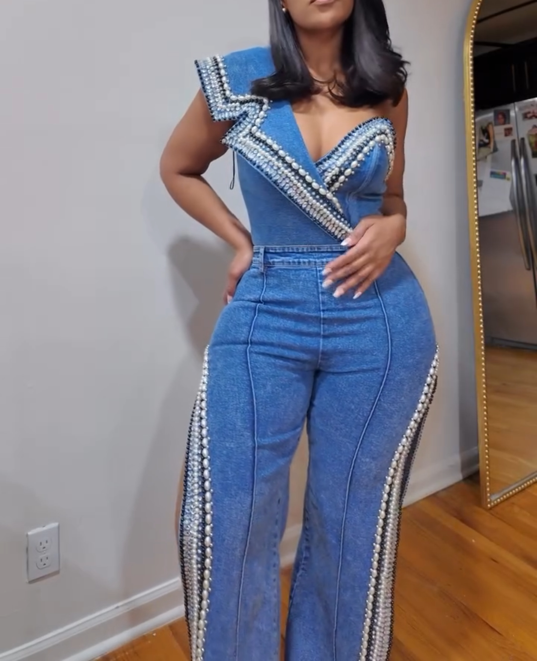 LUXURIOUS DENIM ASYMMETRICAL PEARL BODYSUIT