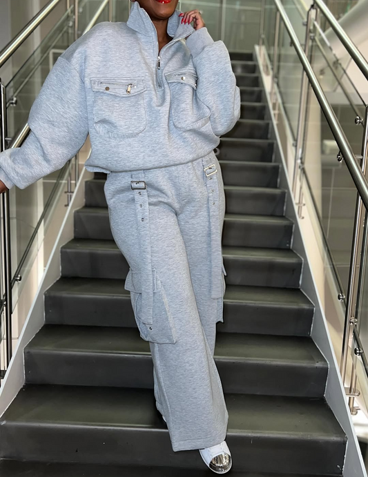 Stand collar sweatshirt and wide-leg pants two-piece suit
