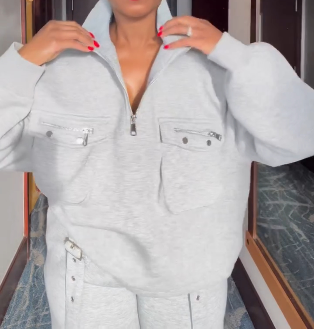Stand collar sweatshirt and wide-leg pants two-piece suit