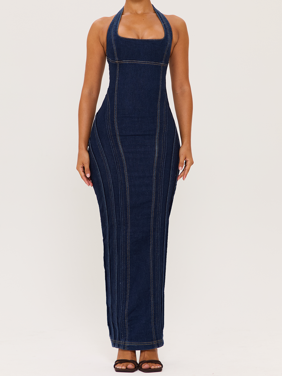 Square-Neck Denim Backless Dress