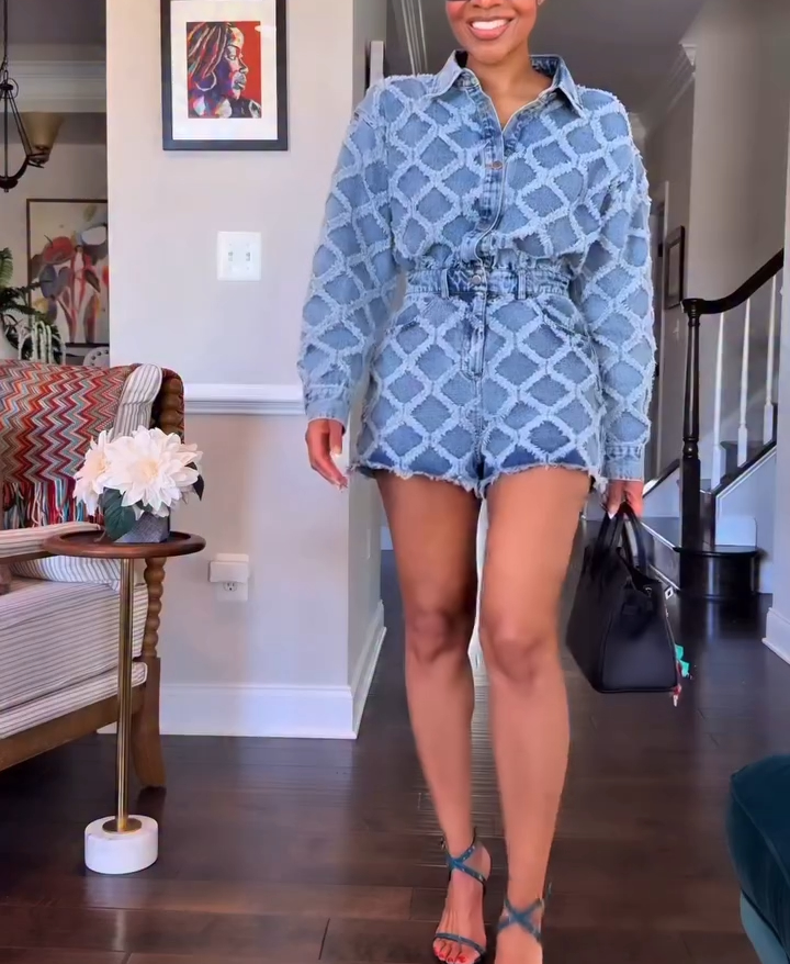 Diamond Fringed Crochet Denim Romper