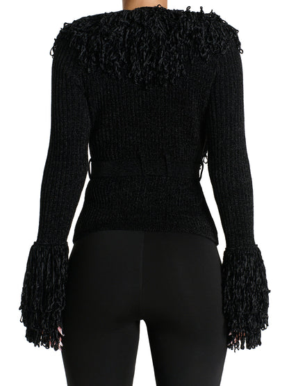 Fringe Tie Waist Deep V Neck Cardigan